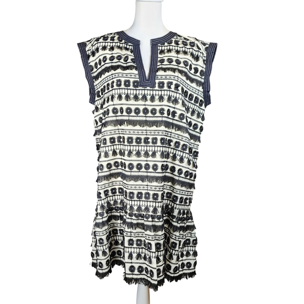 Marie Oliver Mini Dress Women's Large Black Cream Embroidered Tassels Oversized